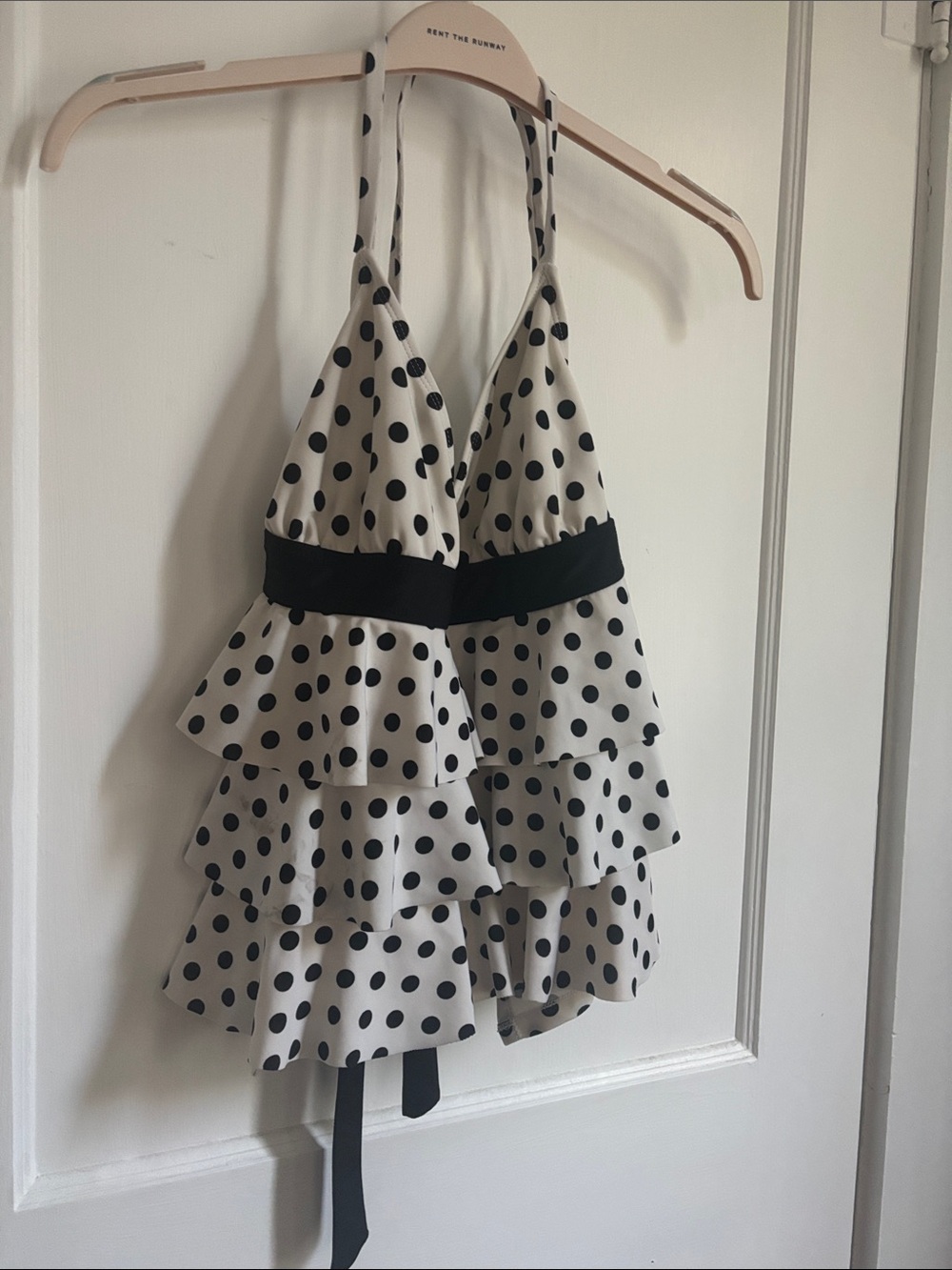 Polka Dot Tiered Halter Swim Tankini Top - Black & Cream